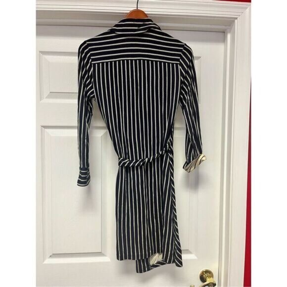 Diane Von Furstenberg Black & Tan Rope Print 100% Silk Side Tie Wrap Dress sz 10 - Picture 8 of 9